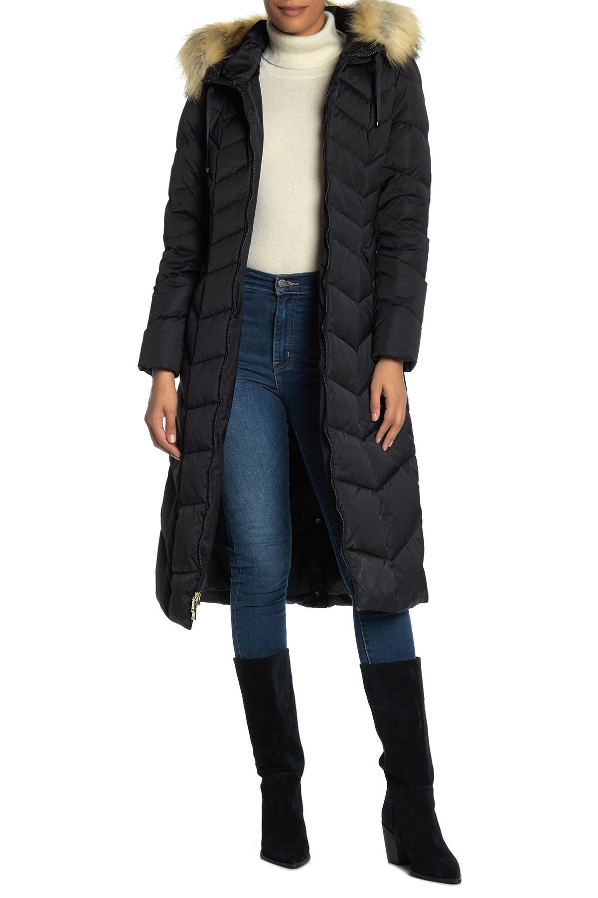 tahari faux fur trim puffer coat