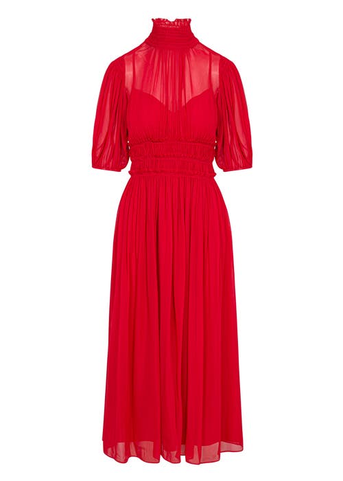 Shop Rebecca Taylor Viscose Chiffon Smocked Waist Dress In Red Lip