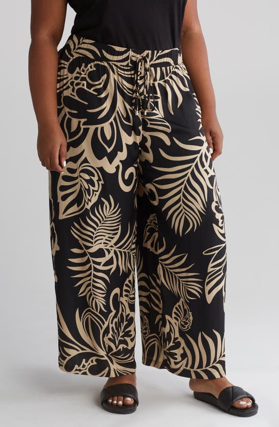 Adrianna Papell Print Wide Leg Drawstring Pants In Black Ornate Floral