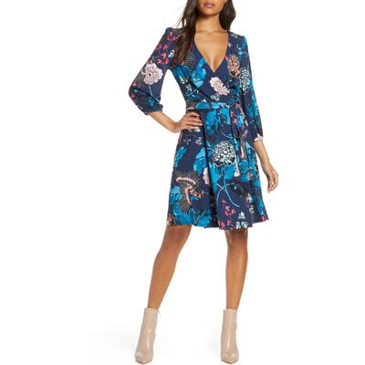 Eliza J Floral Print Faux Wrap Dress, Blue