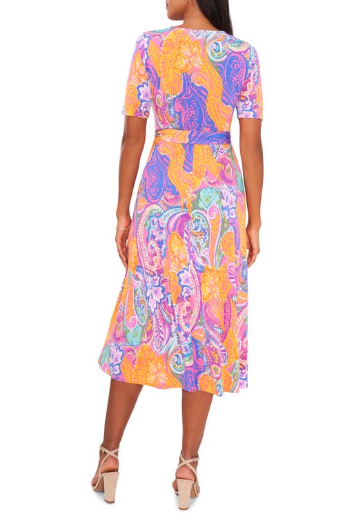 Chaus V-neck Belted Midi Dress In Pink/mango/violet