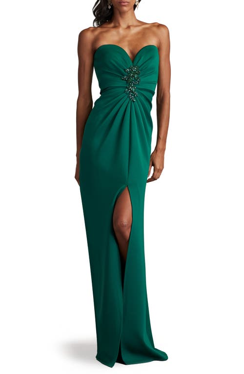 Sho By Tadashi Shoji Strapless Beaded Applique Column Gown In Jungle Green