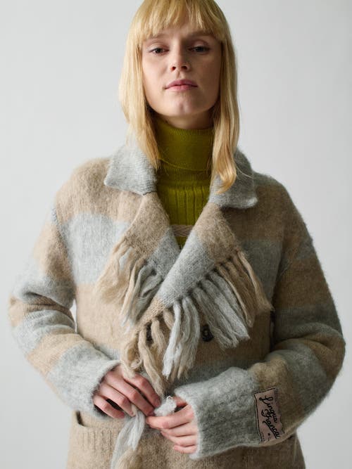 Lingua Franca Striped Mavis Fringe Coat In Harbor Stripe