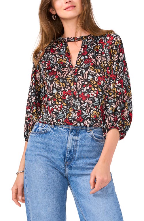 Shop Vince Camuto Floral Keyhole Peasant Top In Rich Black