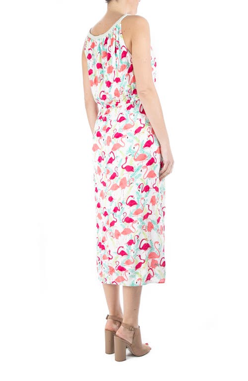 Shop Nina Leonard Braid Neck Printed Maxi Dress In White/coral Multi