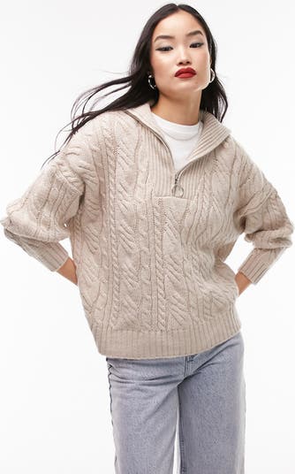Quarter Zip Cable Knit Slouchy Sweater