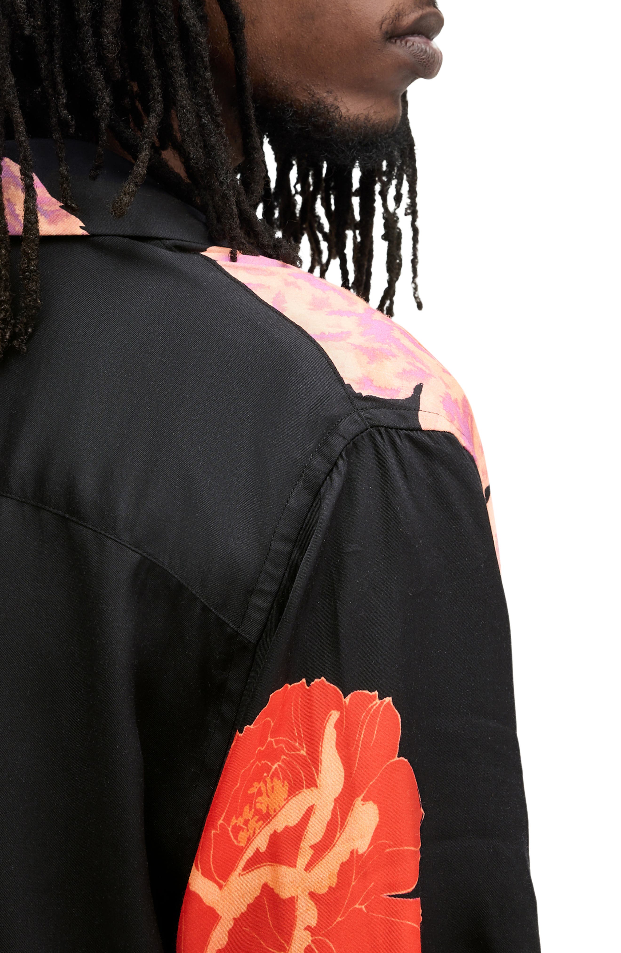 Allsaints Roze Floral Short Sleeve Camp Shirt Jet Black