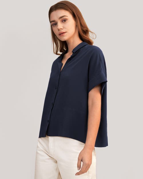 Shop Lilysilk Casual Short Sleeves Loose Silk Shirt In Navy Blue