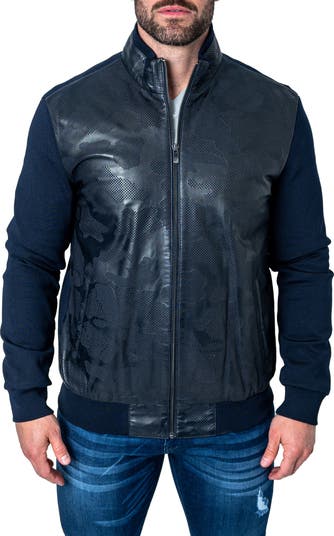 Navy blue leather hot sale bomber jacket mens