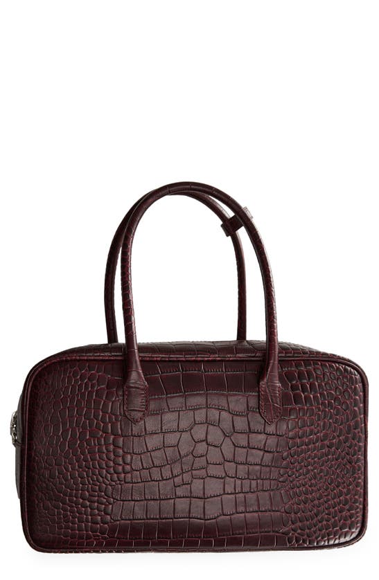 Shop Mango Croc Embossed Leather Handbag In Burgundy
