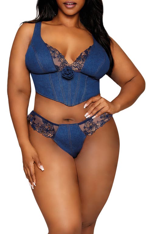 DREAMGIRL DREAMGIRL EMBROIDERED TRIM DENIM BUSTIER & THONG 