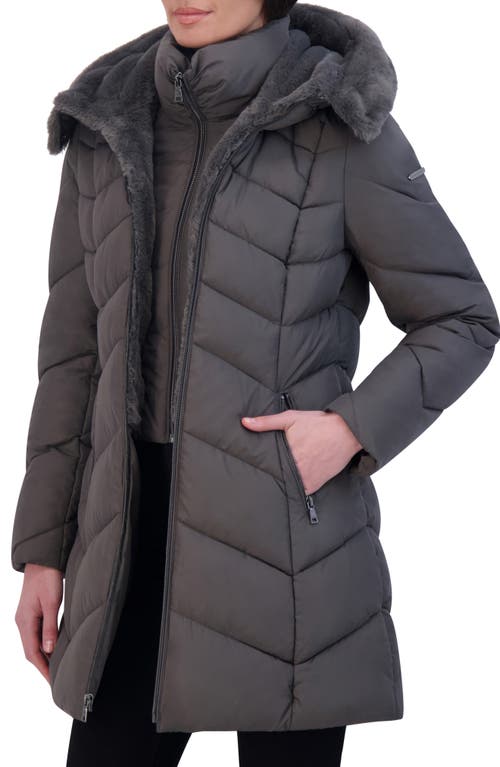 Laundry By Shelli Segal Faux Fur Trim Bibbed Puffer Jacket In Storm Grey