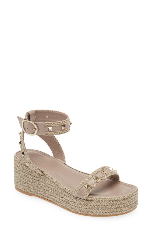 Shop Valentino Garavani Rockstud Torchon Espadrille Wedge Sandal In Poudre