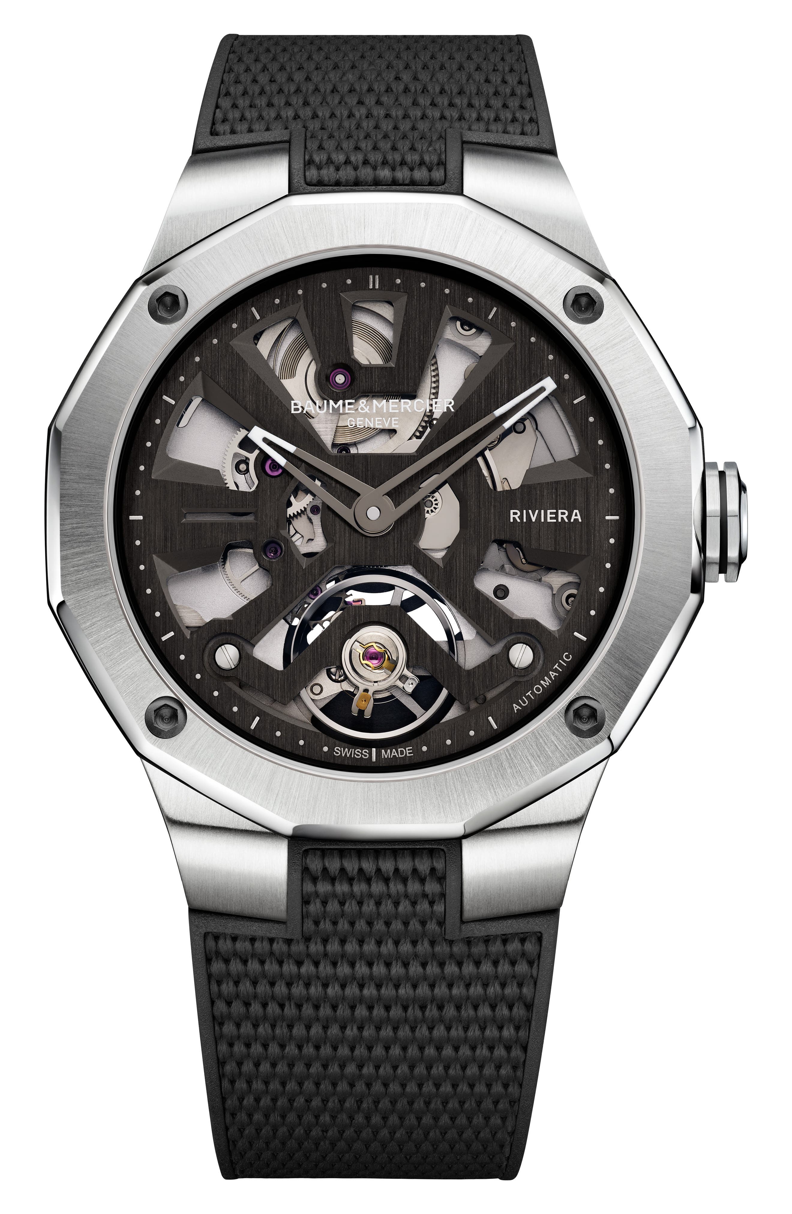 Baume & Mercier Riviera 10721 Skeleton Rubber Strap Automatic Watch, 42mm in Black Cover