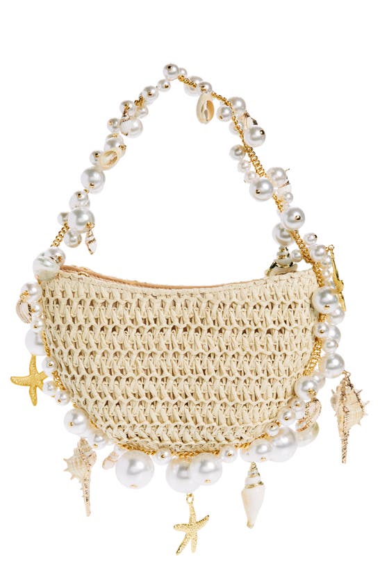 Shop L'alingi Cluster Shell Imitation Pearl Raffia Shoulder Bag In Beige