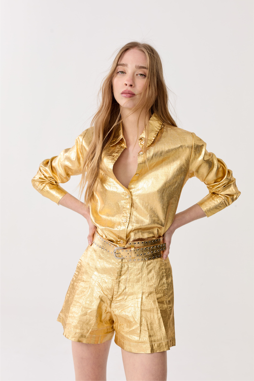 Lanhtropy San Marino Metallic Linen Shirt In Gold
