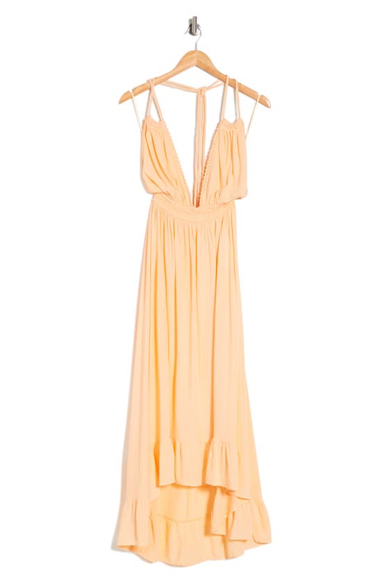 Shop Boho Me Open Back Plunge Neck Ombré Halter Dress In Peach