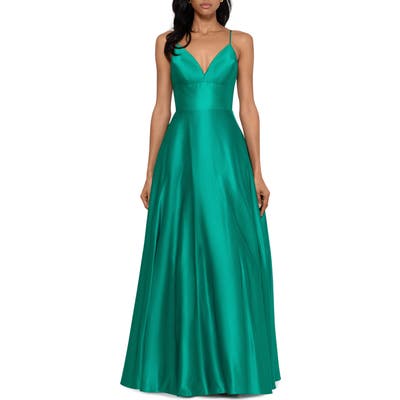Betsy & Adam V-Neck Satin Princess Gown, Green
