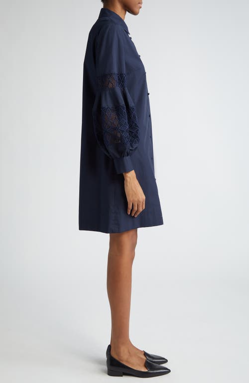 Shop Lela Rose Lace Inset Long Sleeve Stretch Cotton Shirtdress In Navy