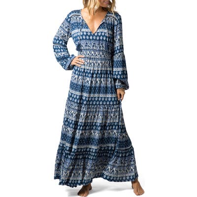 Rip Curl North Coast Print Long Sleeve Maxi Dress, Blue