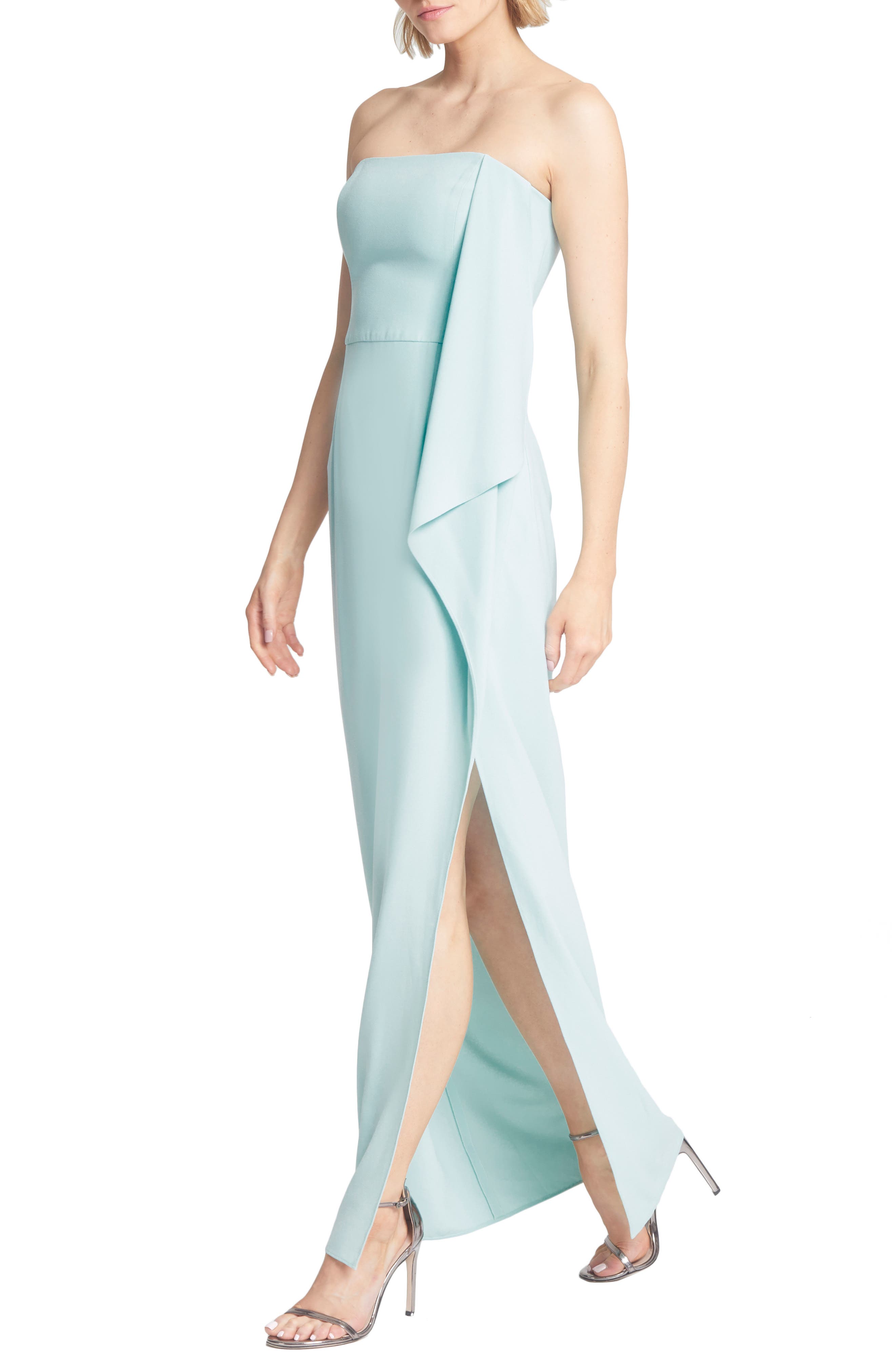 halston heritage strapless draped crepe gown