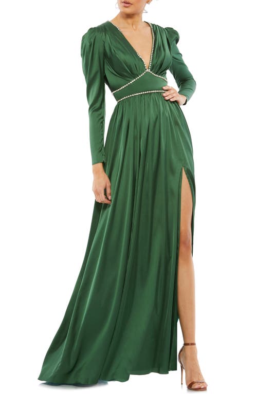 Mac Duggal Crystal Detail Satin Empire Waist Long Sleeve Gown at Nordstrom,