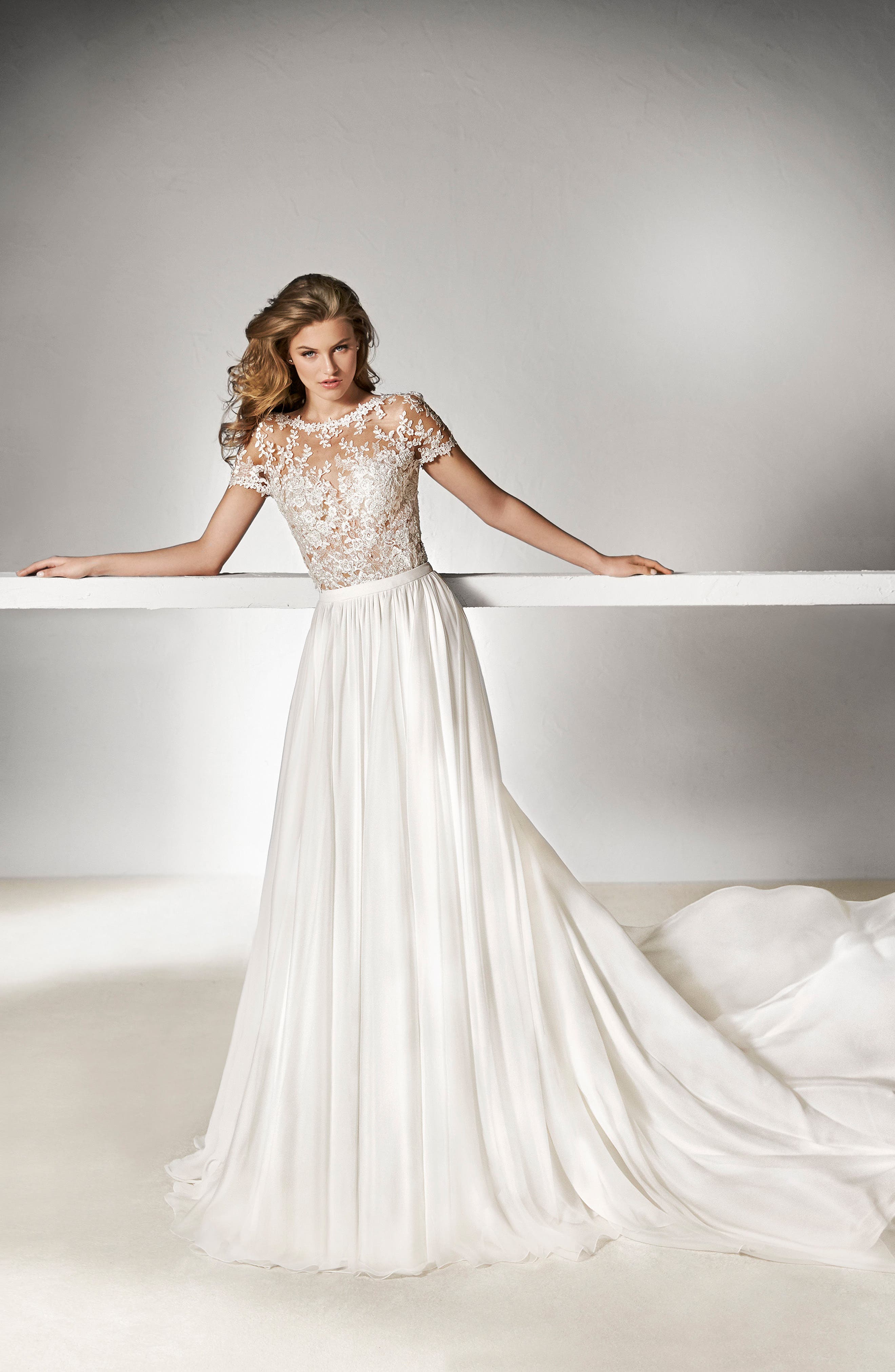 Pronovias Xian Cap Sleeve Lace Top, Size IN STORE ONLY - Ivory