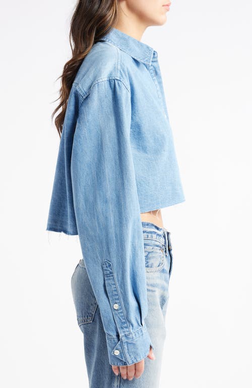 Moussy Lenfred Colorblock Crop Chambray Shirt In Light Blue