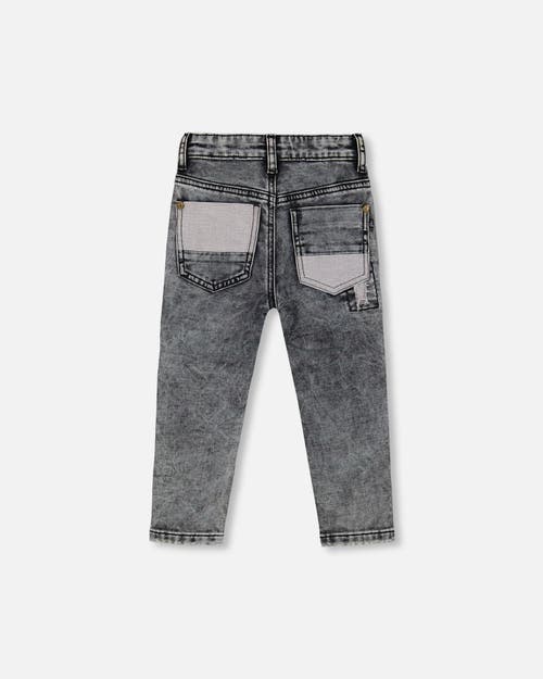 Shop Deux Par Deux Boy's French Terry Black Denim Pants With Contrasting Patch In Black Denim Textured