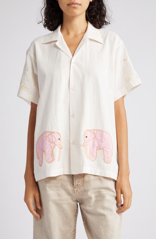 Bode Tiny Zoo Short Sleeve Cotton Button-Up Shirt in Pink White at Nordstrom, Size Small