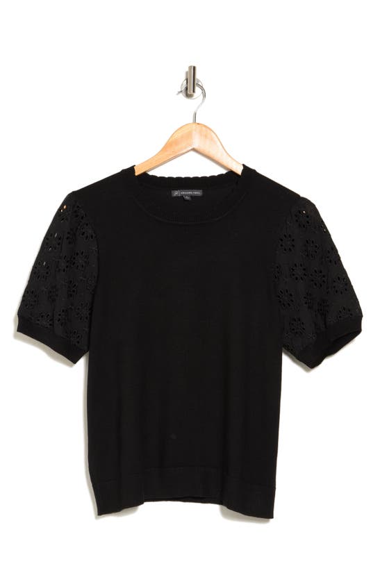 Adrianna Papell Eyelet Sleeve Crewneck Cropped Sweater In Black