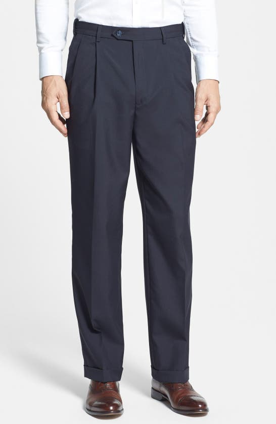 BERLE BERLE SELF SIZER WAIST PLAIN WEAVE PLEATED WASHABLE TROUSERS