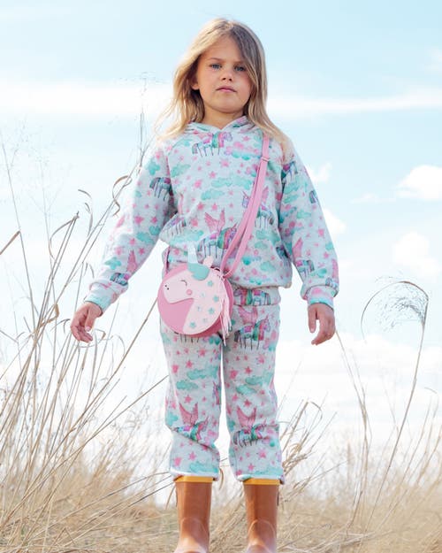 Deux Par Deux Girl's Shiny French Terry Sweatpants Gray Mix Printed Unicorn In Printed Angel Unicorns