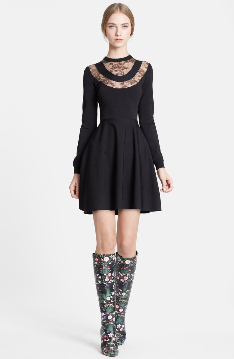 Valentino Chantilly Lace Detail Knit Long Sleeve Dress | Nordstrom