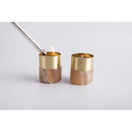 Andjacob Decor Brass Candle Holder In Amber Alabaster