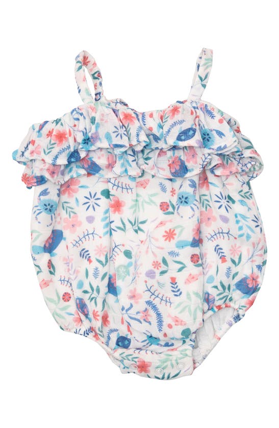 Angel Dear Babies' Sea Turtle Garden Ruffle Organic Cotton Muslin Romper In White Multi