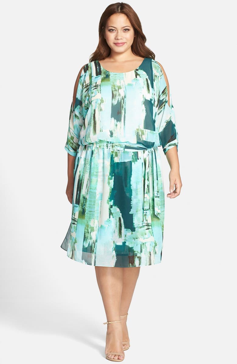 DKNYC Cold Shoulder Print Chiffon Dress (Plus Size) | Nordstrom