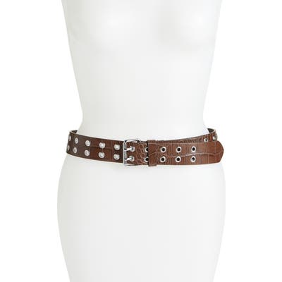 Allsaints Double Prong Eyelet Leather Belt, Cognac Croco