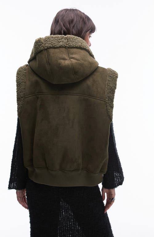 Shop Topshop Hooded Faux Shearling Vest In Khaki