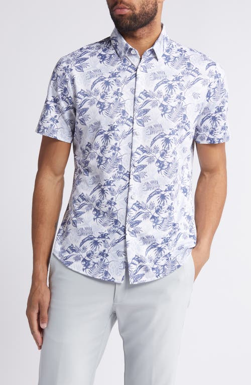 Halyard Trim Fit Print Short Sleeve Performance Knit Button-Up Shirt in White Palm