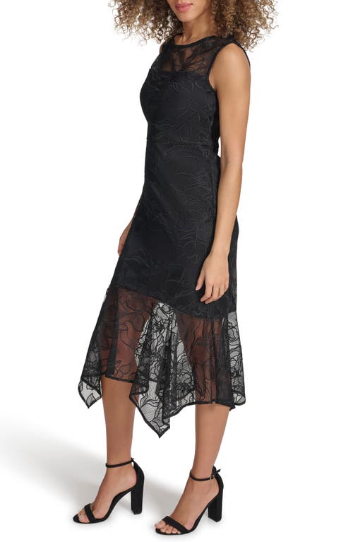 Kensie Women's Embroidered Mesh Handkerchief-hem Dress In Black