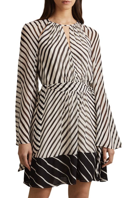 Reiss Minty Stripe Tie Belt Long Sleeve Minidress Black/Neutral at Nordstrom,