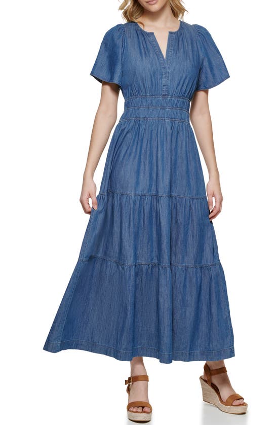 Tommy Hilfiger Chambray Short Sleeve Maxi Dress In Medium Benson