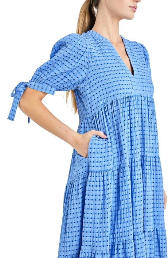 Shop English Factory Gingham Tiered Midi Dress In Cobalt
