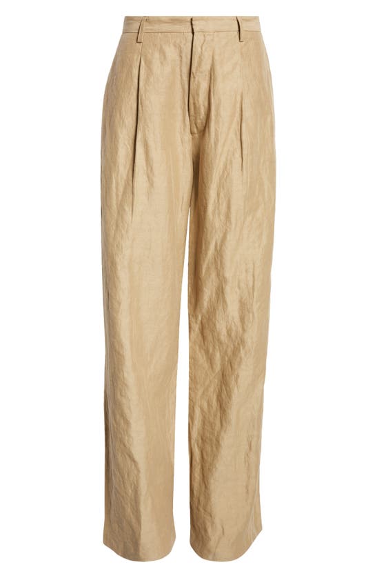 Shop R13 Pleated Wide Leg Linen Blend Trousers In Khaki