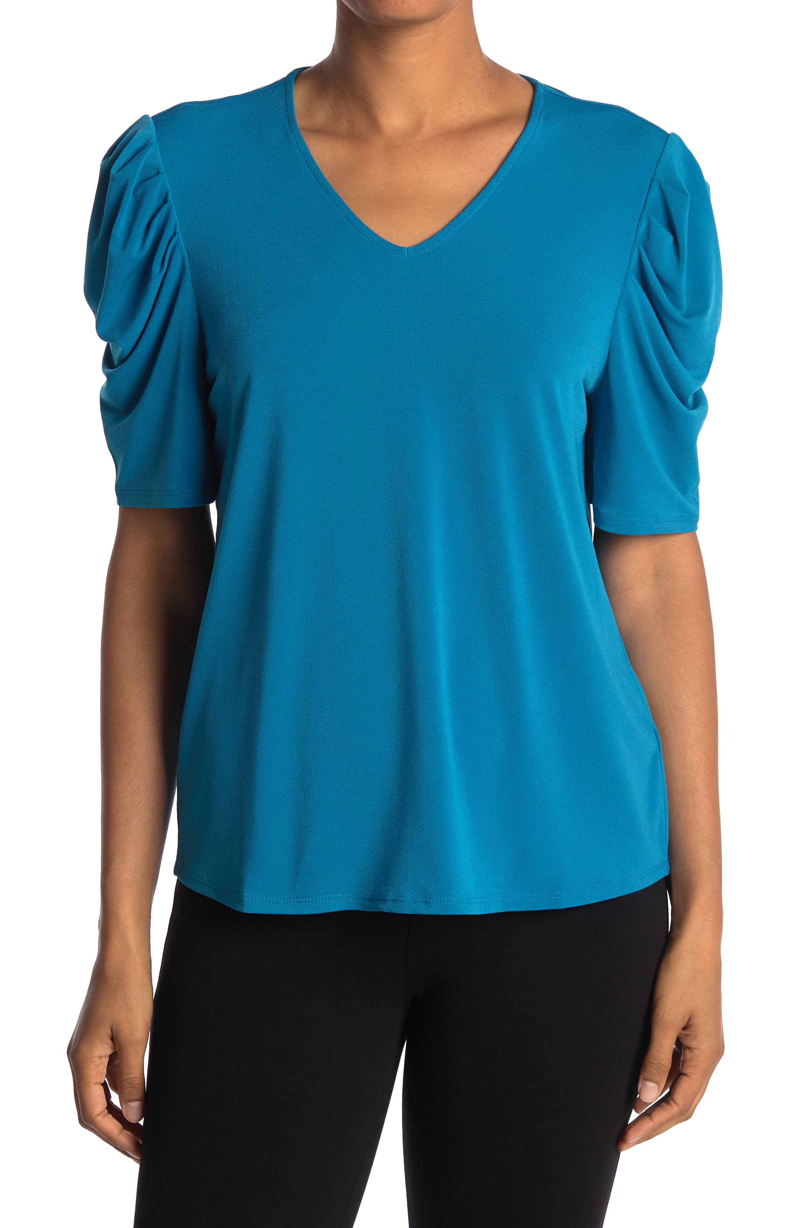 Adrianna Papell V-neck Puff Shoulder Moss Crepe Top In Turquoise/aqua2