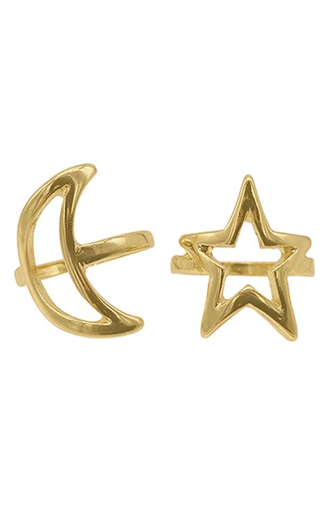 14K Yellow Gold Plated Moon & Star Ring Set