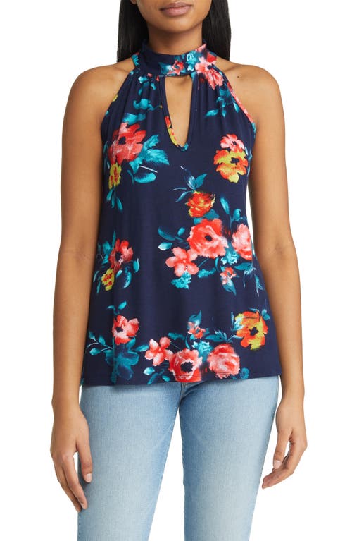 Shop Loveappella Floral Cutout Mock Neck Halter Top In Navy/coral