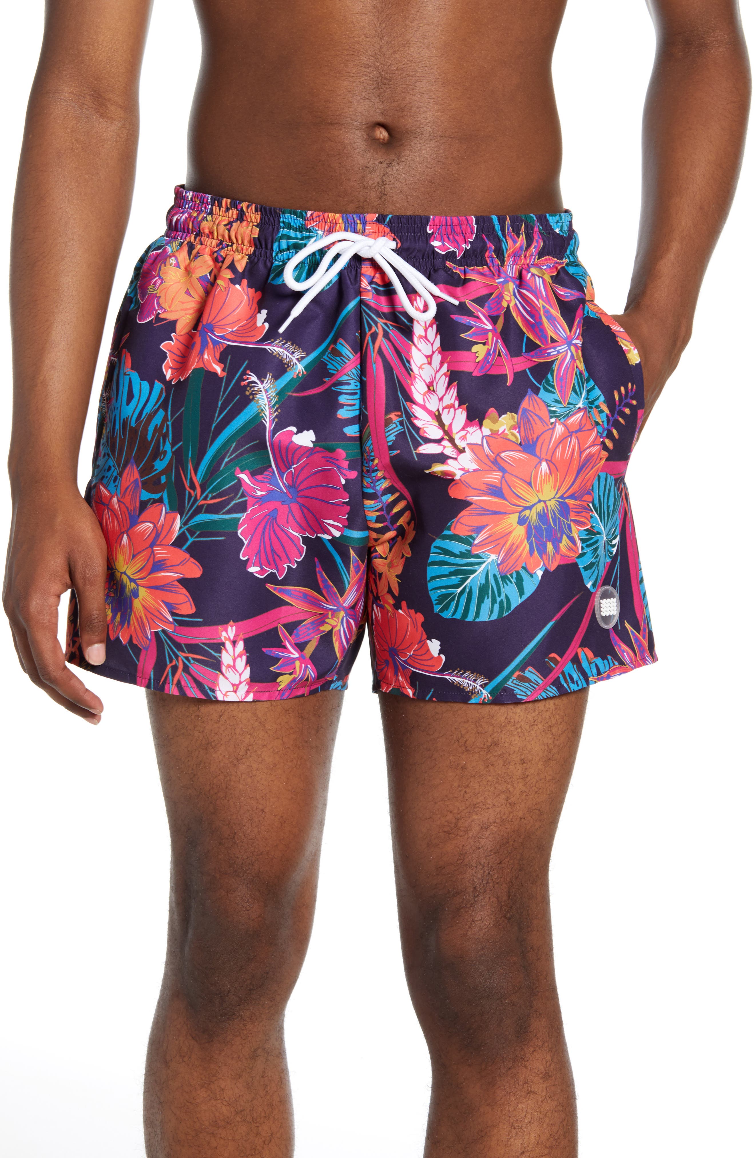 Topman Floral Swim Trunks, Black