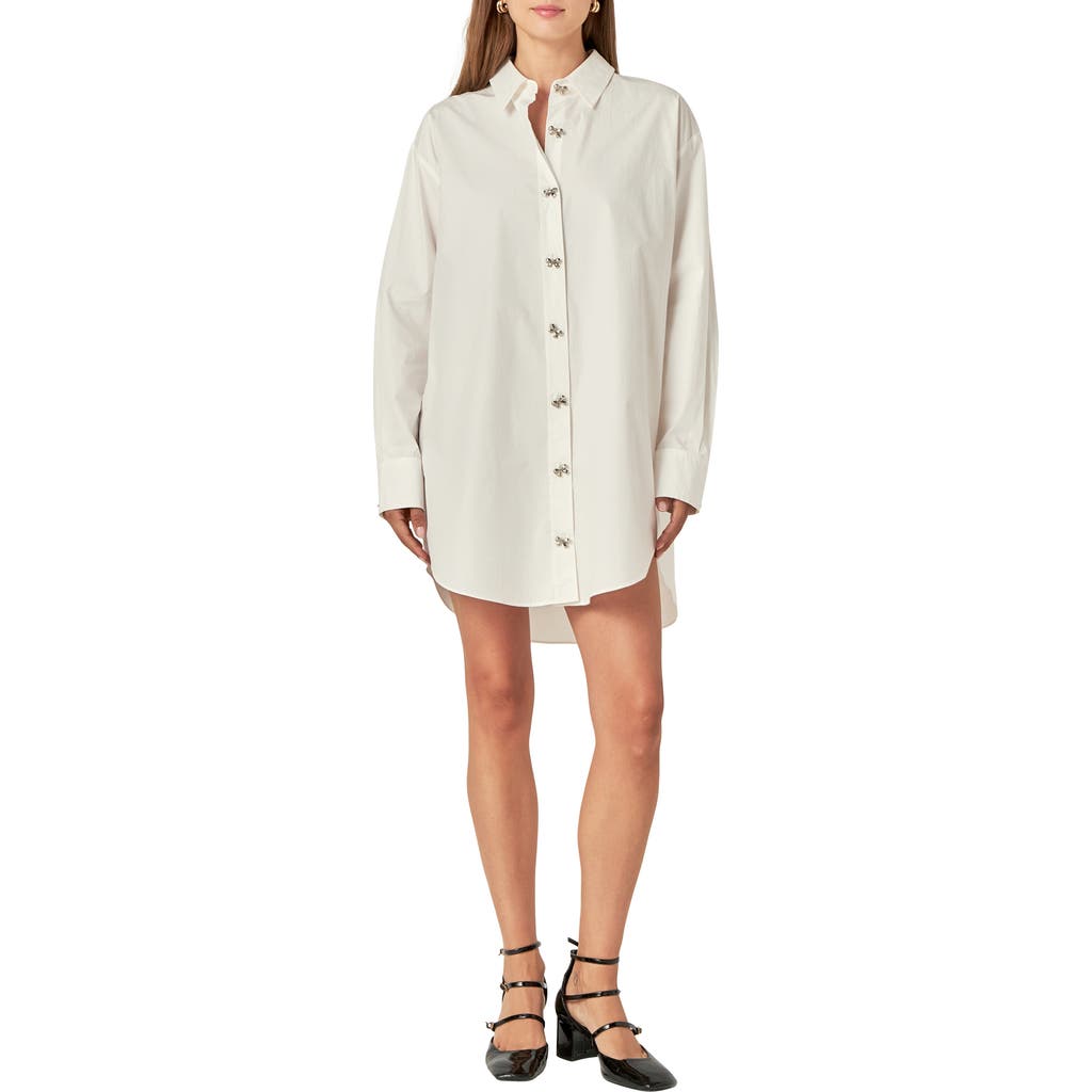 Grey Lab Long Sleeve Bow Button Cotton Shirtdress in White